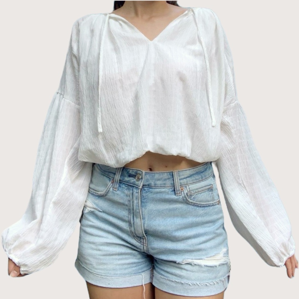 WAYF Ivory Flowy Blouson Sleeve Bubble Hem Crepe Boho Crop Peasant Blouse | Sz S